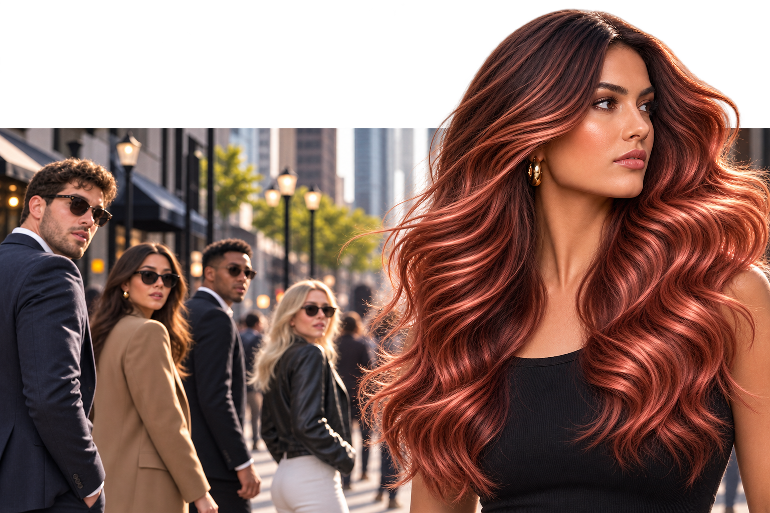 Copper-haired model passing by C Street Salon San Diego